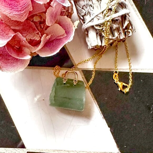 Chunky aventurine Vermeil gold carved handbag charm necklace - Picture 1 of 2